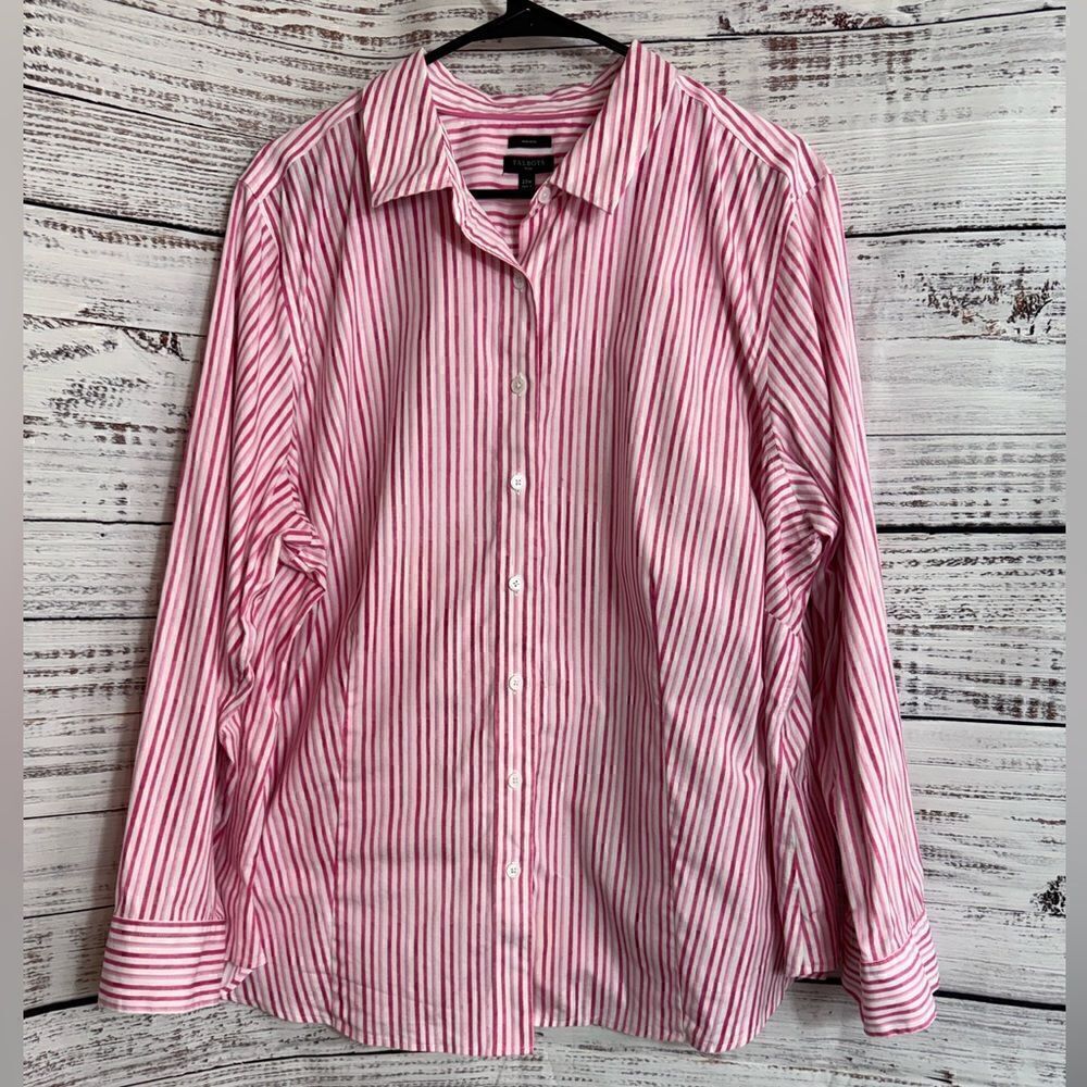 Talbots Top Womens plus size 22 Striped Cotton Blend button up Non Iron Blouse